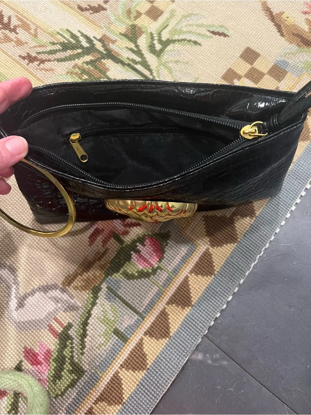 Black Faux-Croc Wristlet with Gold Lion Medallion